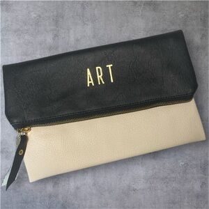 Unbranded Black and Cream Faux Leather, ART Monogrammed Fold over Clutch